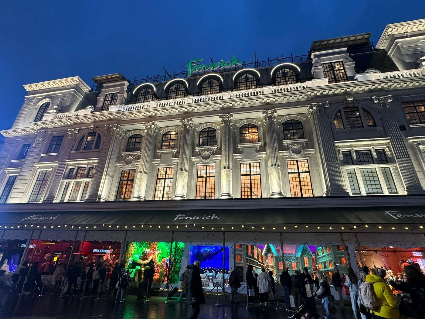 Fenwick department store façade at night